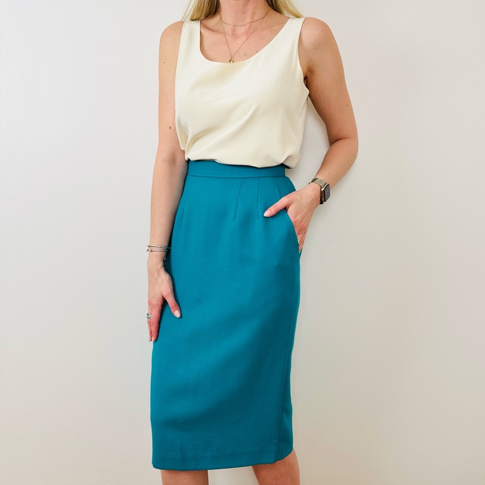 Vintage Anne Klein 100% Wool Teal Midi Pencil Skirt with Pockets